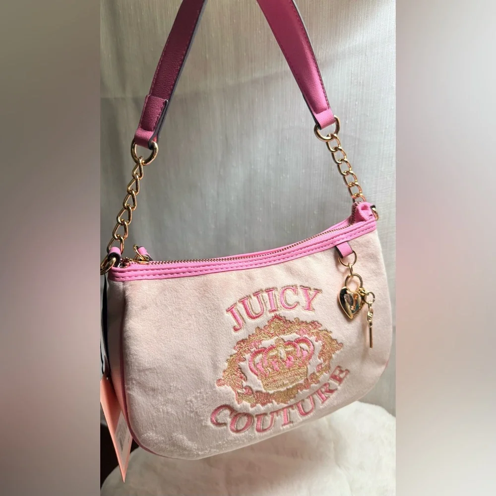 NEW Juicy Couture Powder Pink Fuzzy Velour Shoulder Bag